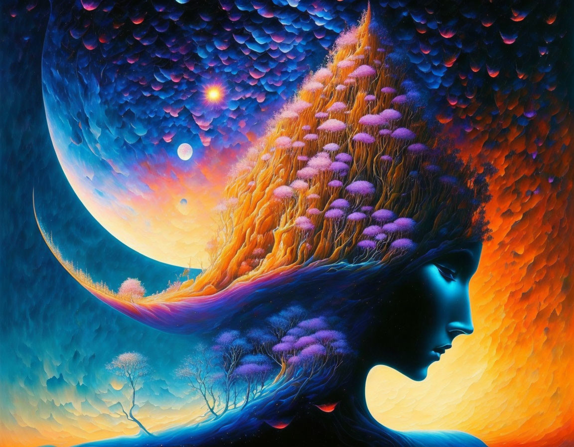 Colorful surrealist painting of woman's profile merging with nature scene and cosmic backdrop.