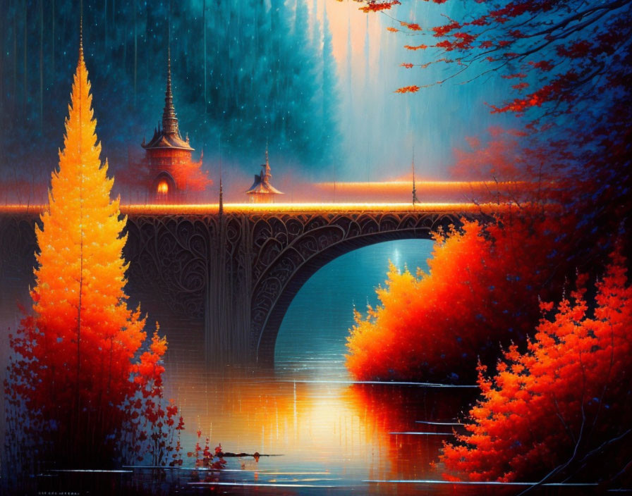 Autumnal digital painting with red-orange trees, river, bridge, and traditional buildings.