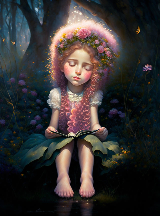 Young girl with flowers reading in enchanted forest with glowing butterflies