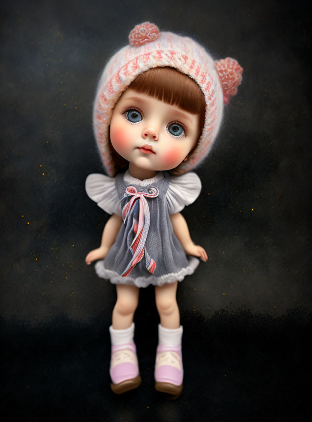 Porcelain doll with blue eyes, pink cheeks, knitted hat, grey dress, white shoes on