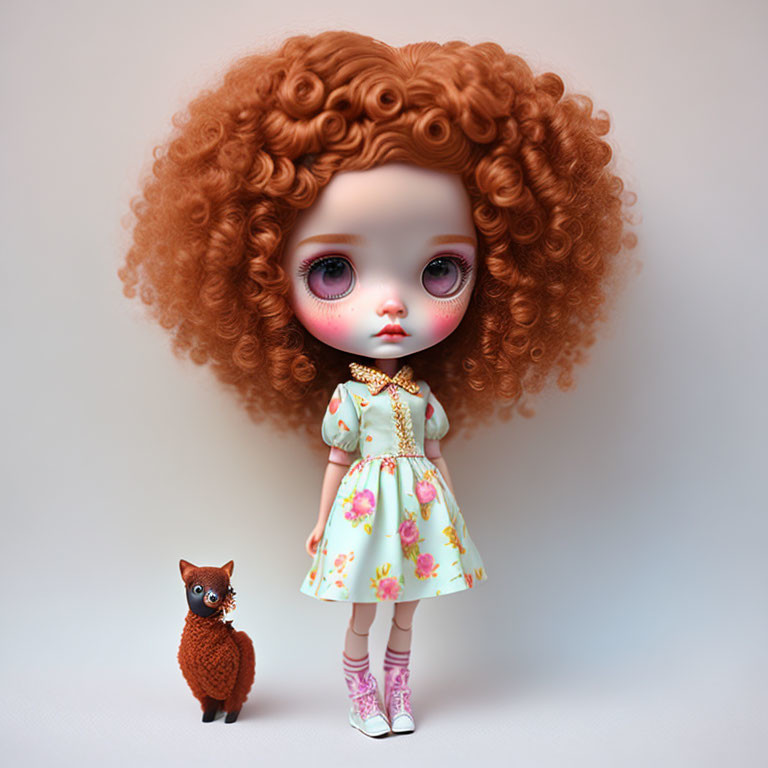 Red-haired doll with big eyes in floral dress with toy cat on neutral background