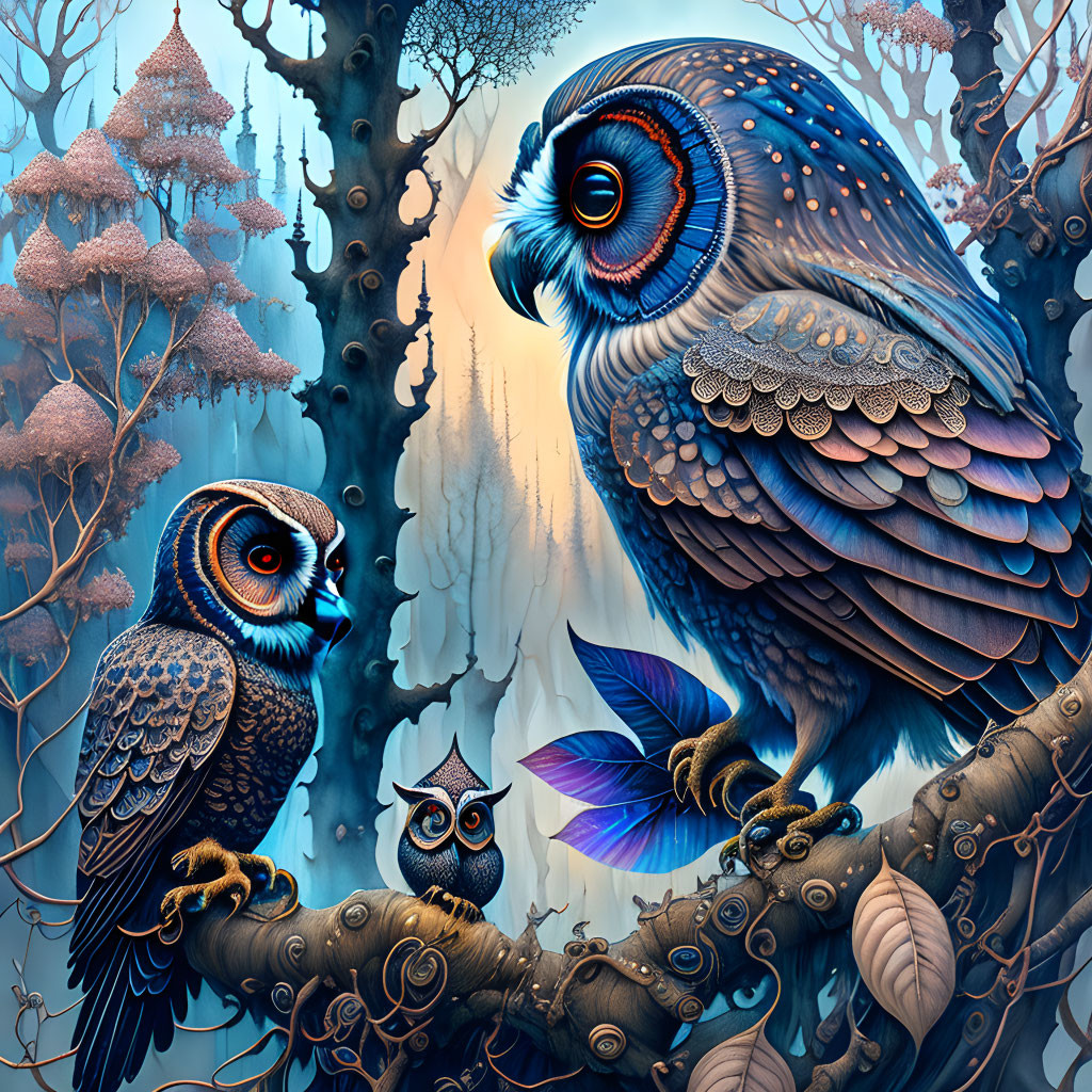 Colorful illustration: Three owls on branches in mystical forest