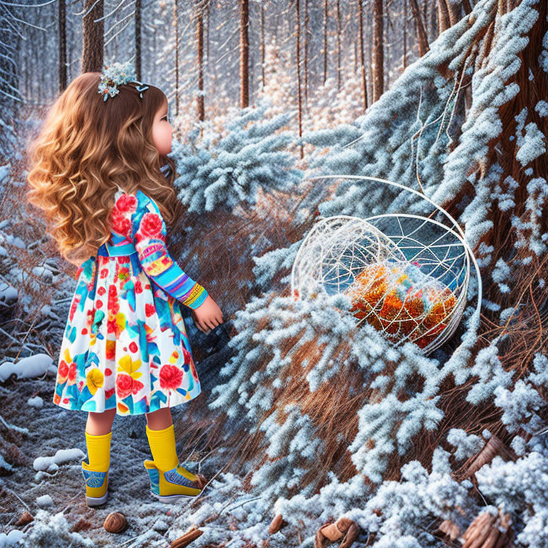 Young girl in floral dress and yellow boots with dreamcatcher in frost-covered pine forest