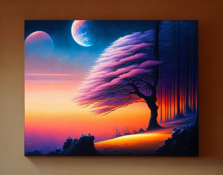 Vibrant sunset painting with pink tree in dual-mooned sky