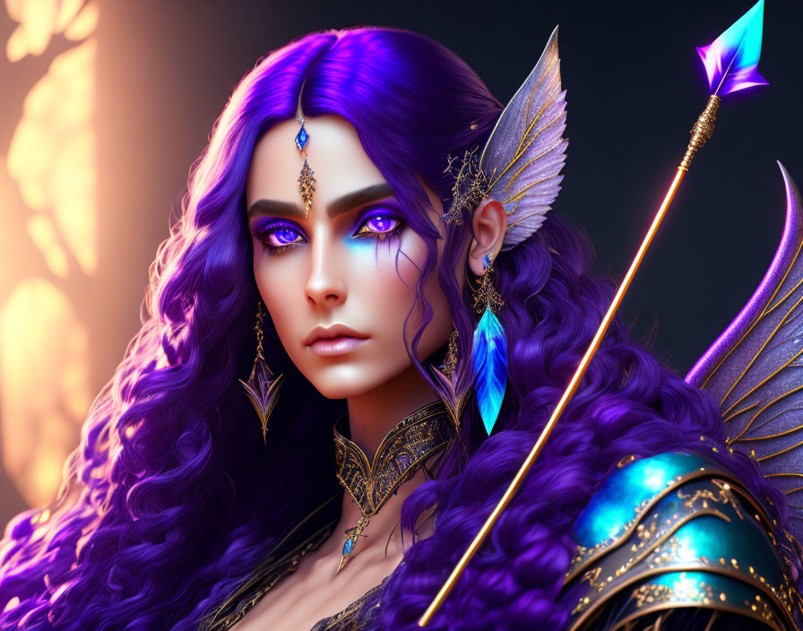 Fantasy Female Character with Purple Hair and Glowing Blue Eyes in Metallic Blue Armor and Gold Jewelry Holding