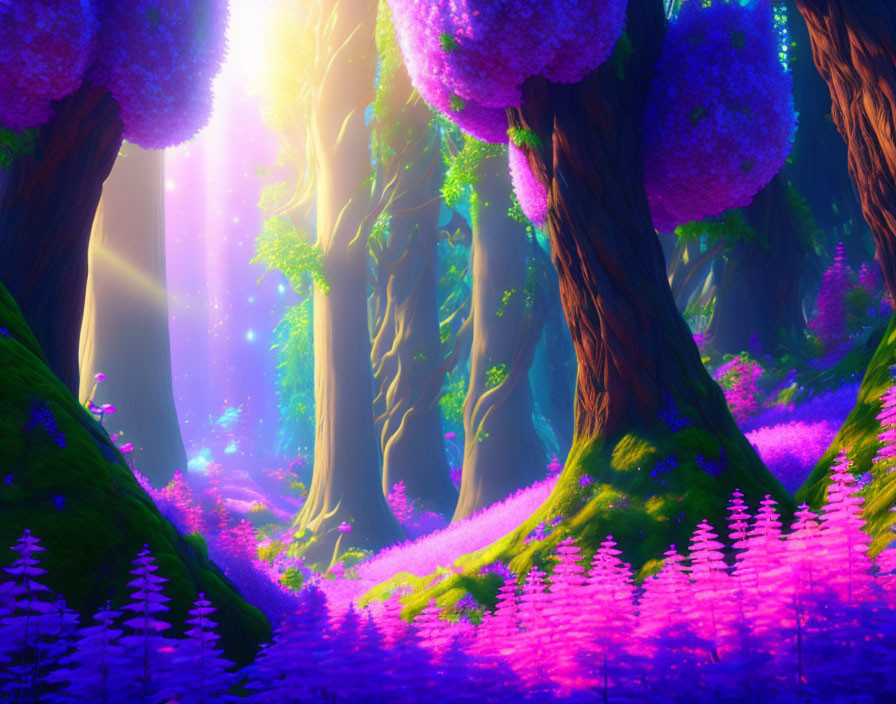 Enchanted forest with purple flowers and towering trees