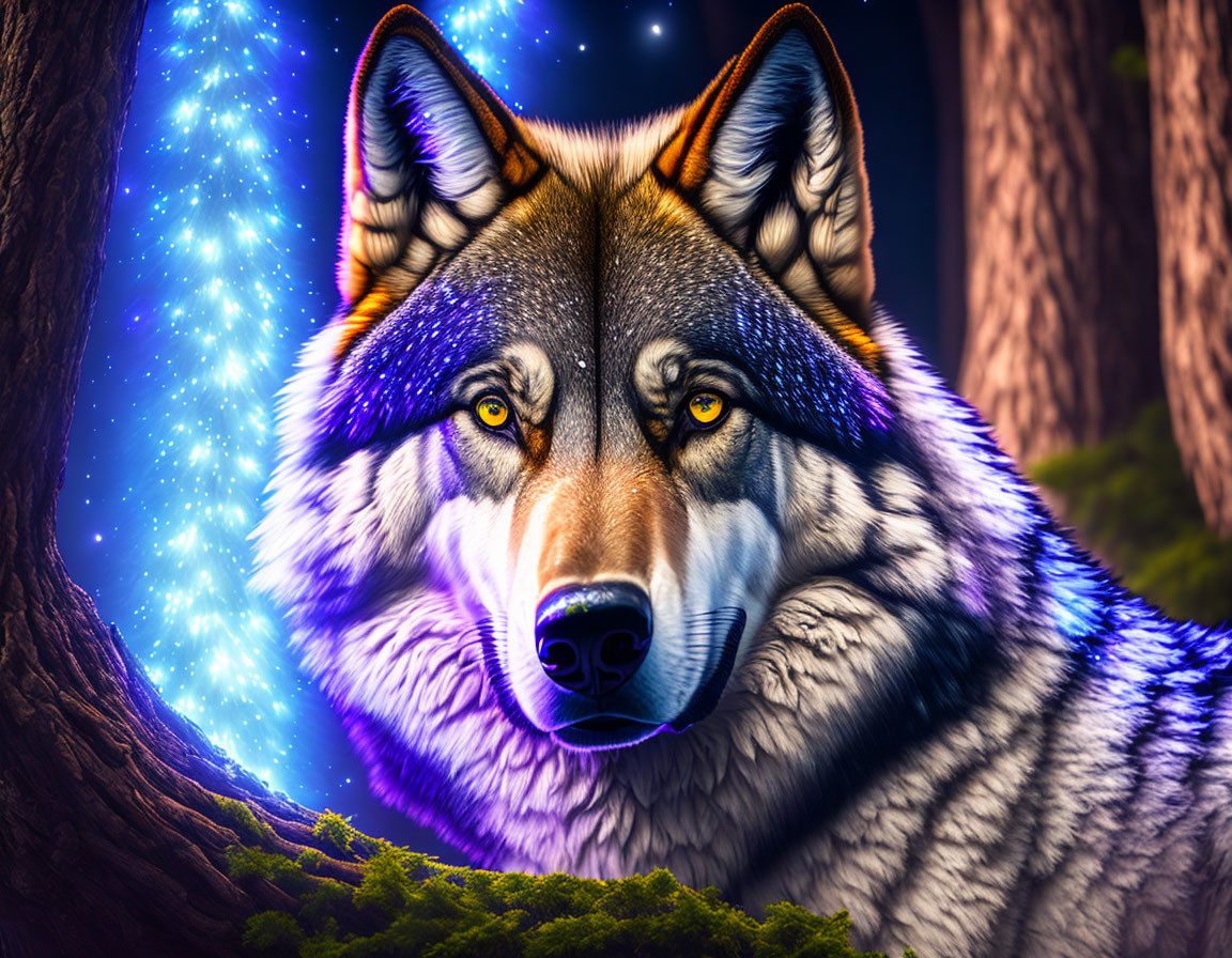 Wolf's Head Digital Art with Yellow Eyes on Cosmic Background