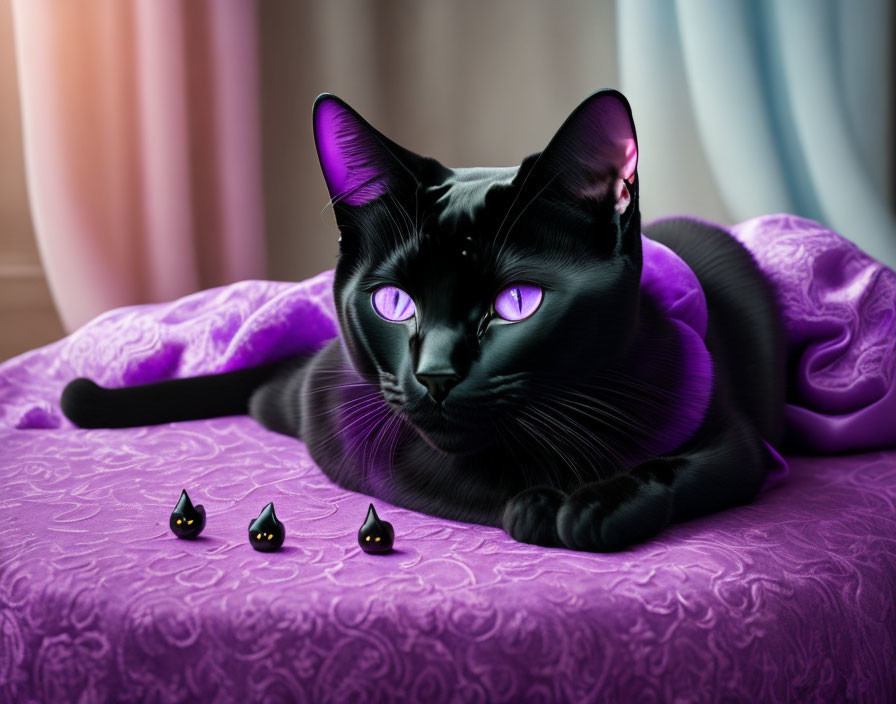 Black Cat with Purple Eyes Lounging on Purple Cloth with Miniature Figurines