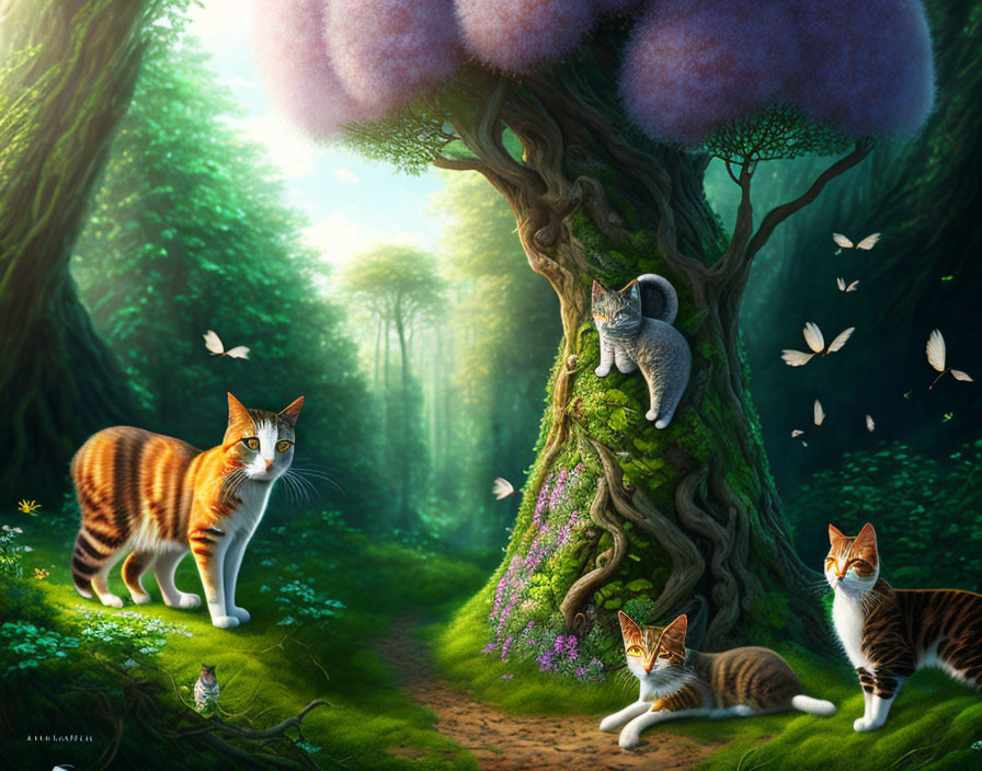 Whimsical forest scene with three cats and purple-crowned trees