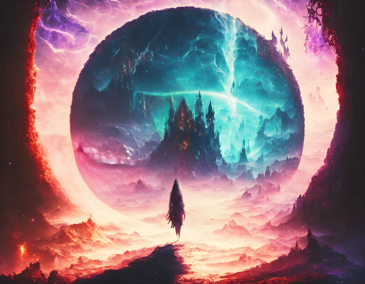 Figure in surreal landscape with glowing celestial body and towering forests