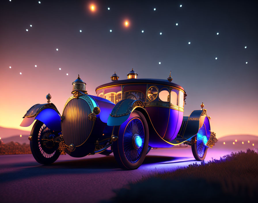 Vintage-style car with ornate details and glowing blue lights parked under a starry sky at twilight.