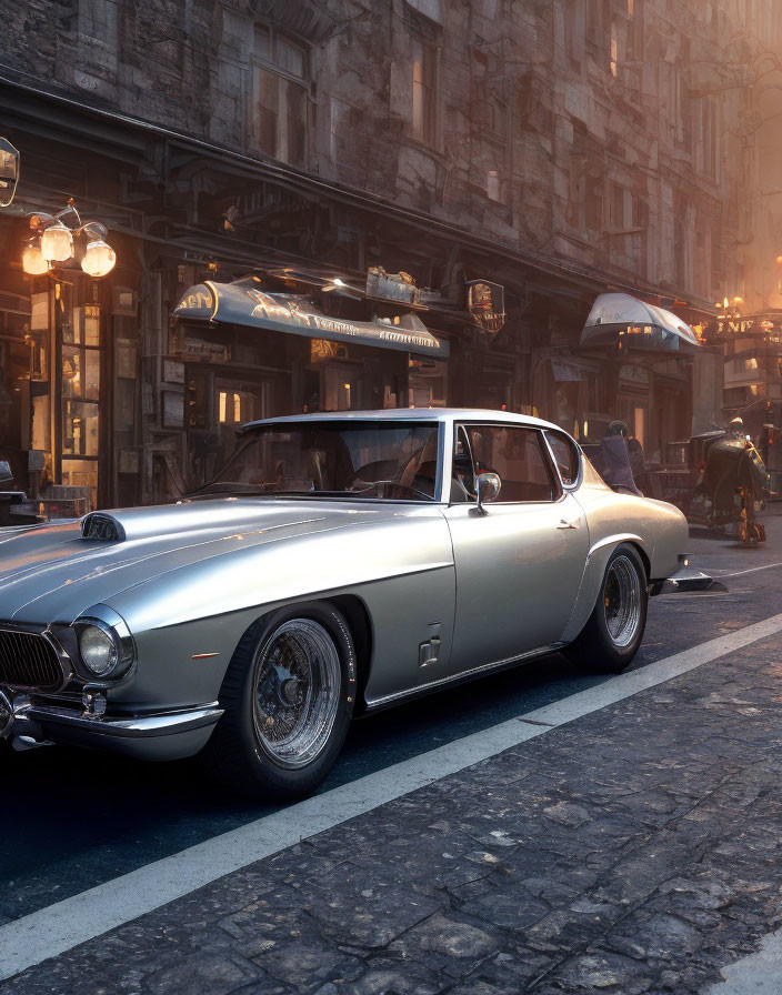 Classic Car Parked on Cobblestone Street at Twilight