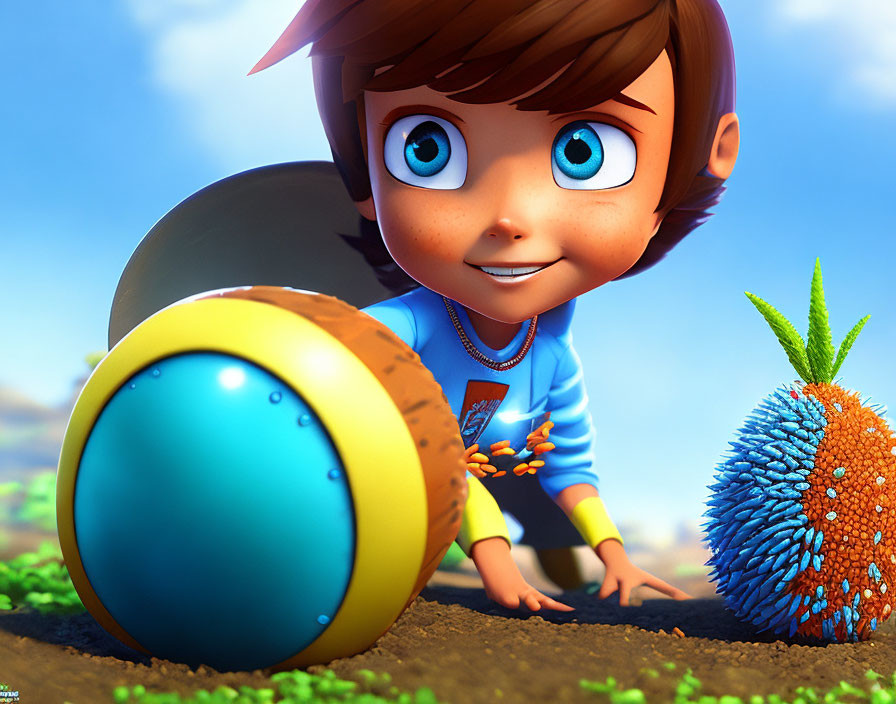 Colorful animated boy with ball and spiky object in sunny setting