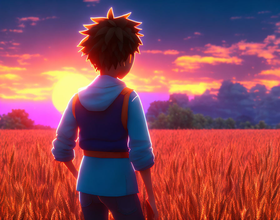 Anime character silhouetted in sunset field with vibrant orange skies