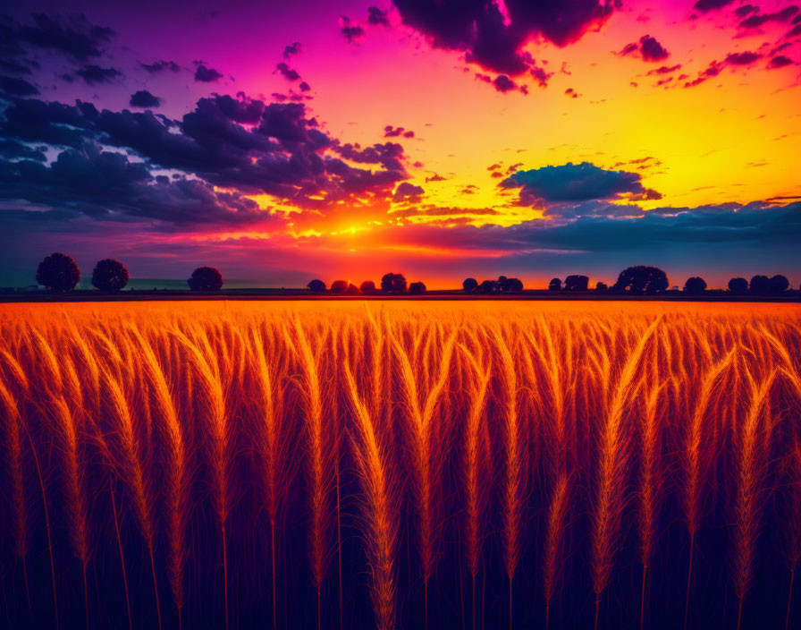 Vibrant sunset over golden wheat field with silhouetted tree line under purple and orange sky