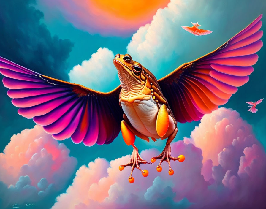 Colorful Flying Frog Digital Artwork with Vibrant Wings and Cloudy Sky