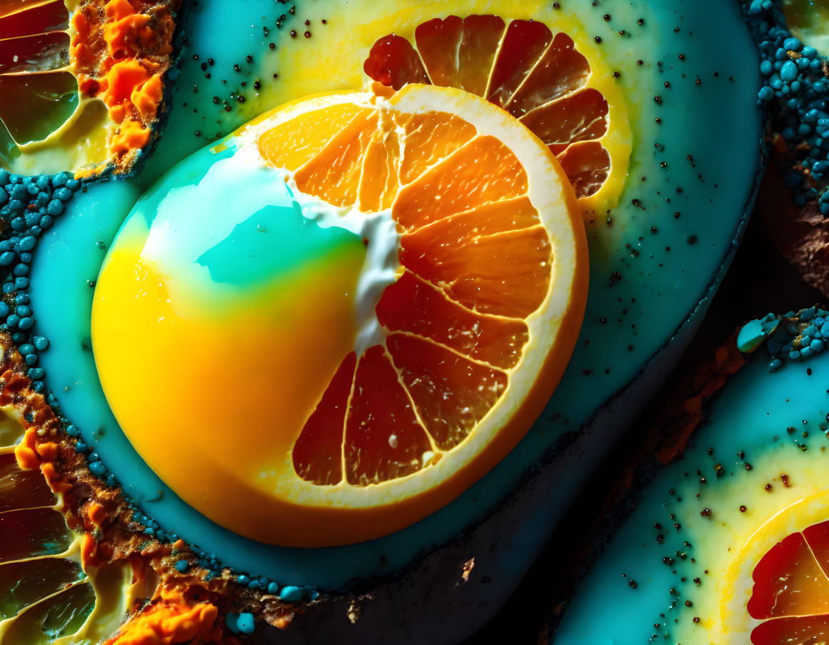 Colorful artistic representation: Egg with citrus slice yolk on textured background with beads