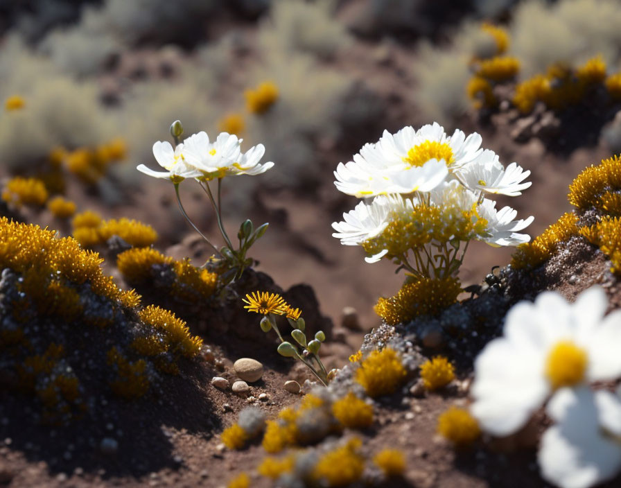 Wild white flowers with yellow centers in rocky terrain under sunlight