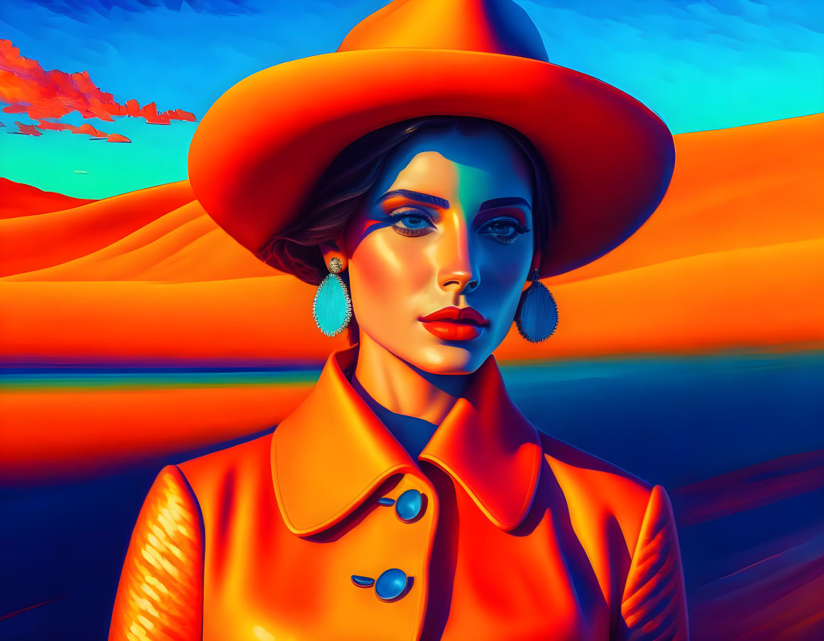 Vibrant orange attire woman in digital portrait against desert landscape