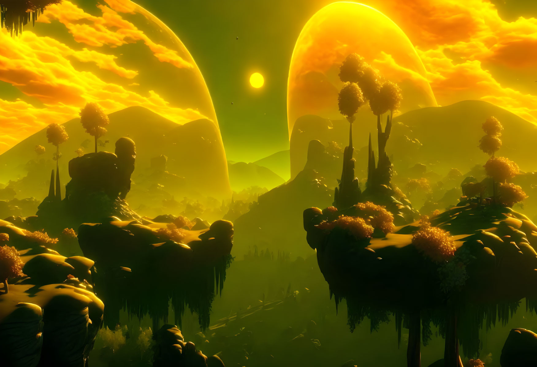 Vibrant alien landscape with floating islands and twin suns