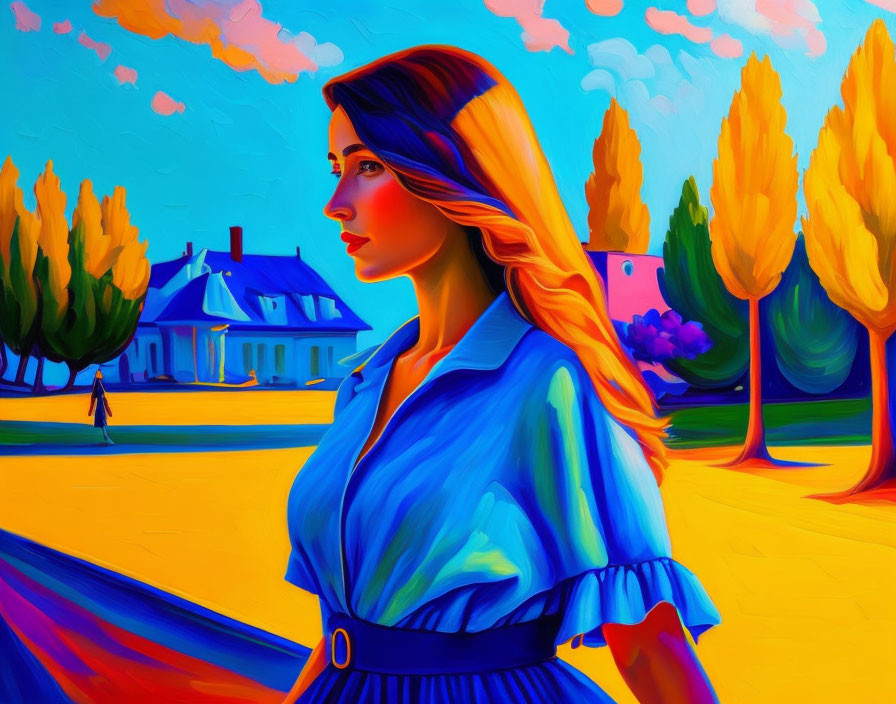 Colorful Illustration: Woman in Blue Dress with Vibrant Landscape