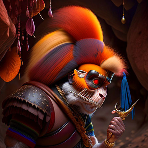 Colorful anthropomorphic monkey warrior in armor with goggles and golden hook weapon