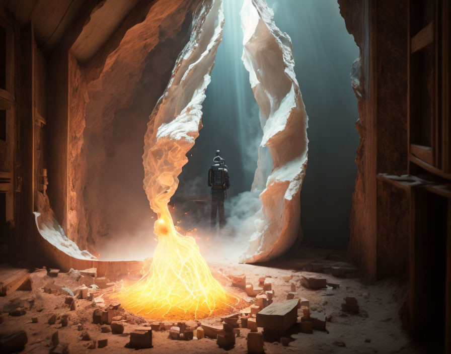 Person in bulky gear faces fiery phenomenon in icy crevice with abandoned outpost vibe