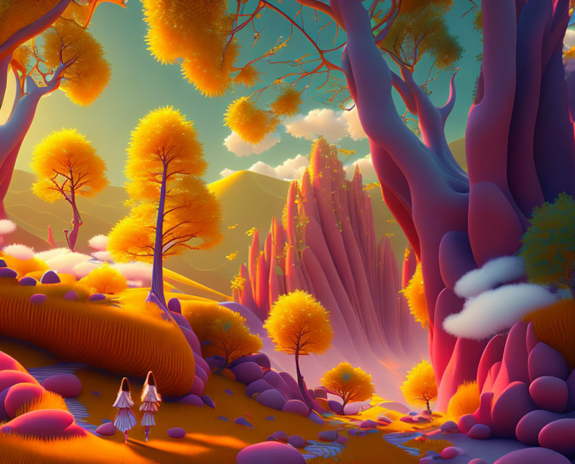 Fantastical landscape with whimsical trees and pink rock formations