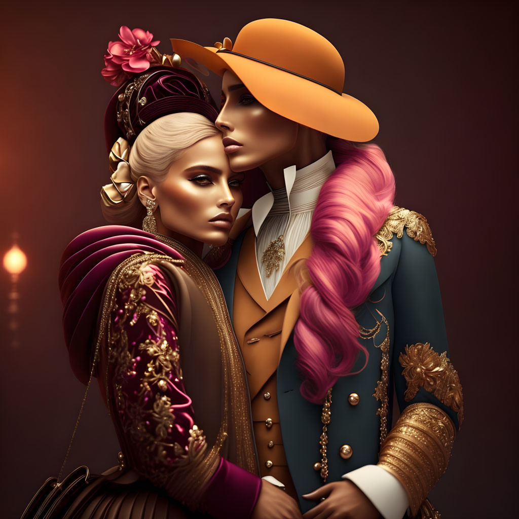 Stylized female figures in ornate vintage clothing with elaborate hairstyles