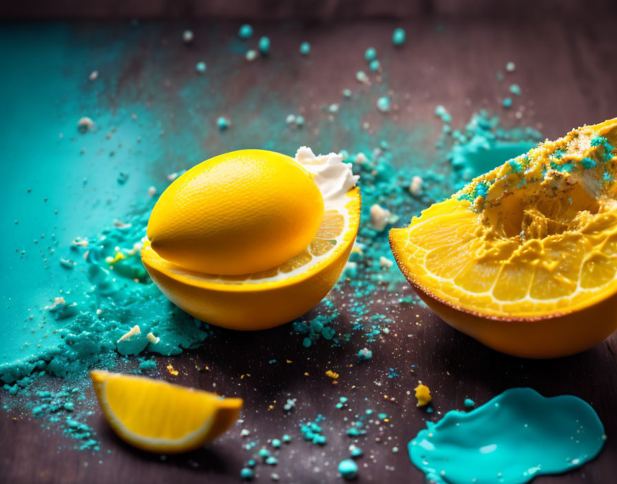 Colorful Lemon with Paint Splatters on Wooden Surface