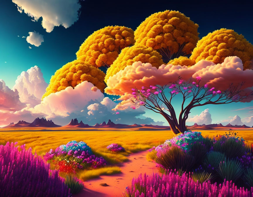 Colorful Flora and Path in Surreal Landscape