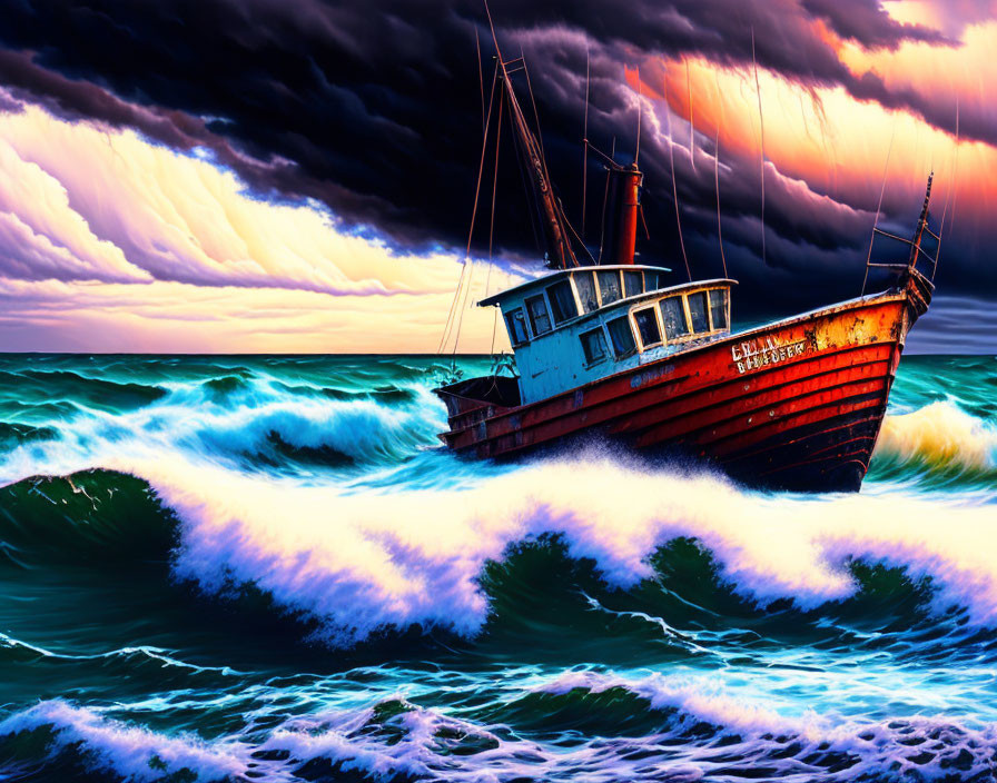 Vivid Red Fishing Boat on Turbulent Sea Waves and Dramatic Sky