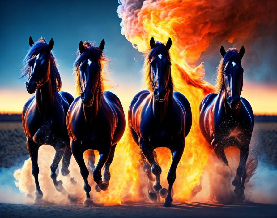 Majestic black horses galloping against fiery orange explosion