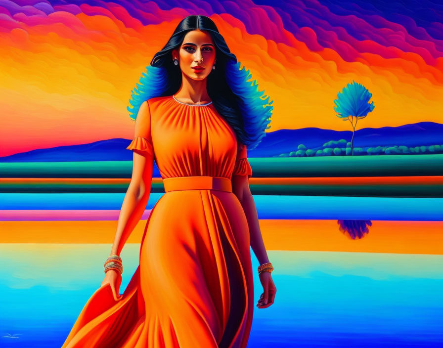 Vibrant orange dress woman in surreal colorful landscape