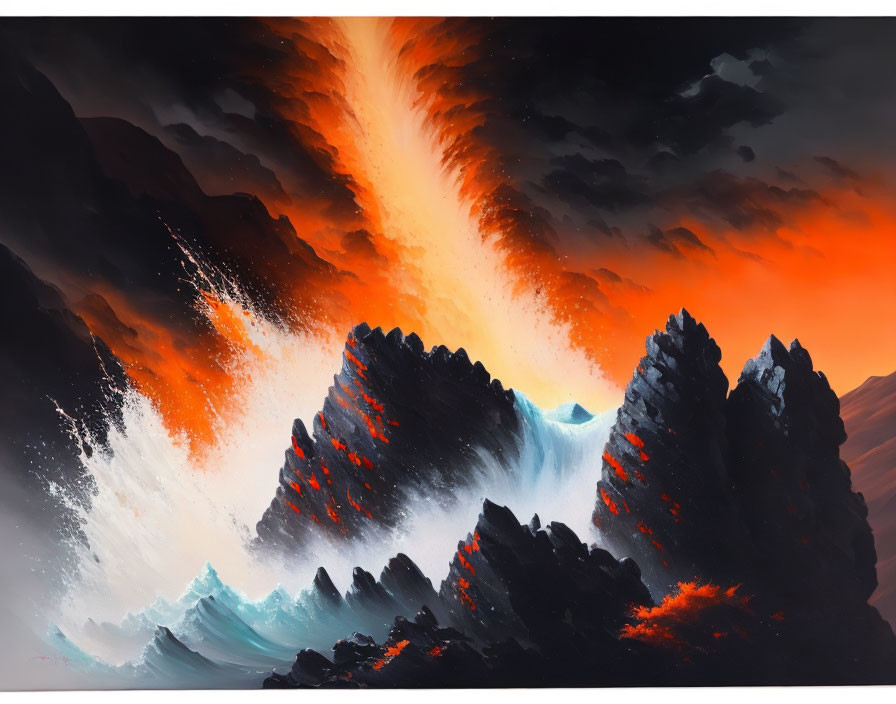 Fiery volcanic eruption with lava, ash clouds, and crashing waves