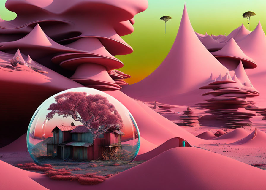 Surreal landscape with pink dunes, tree, huts, bubble, and floating islands