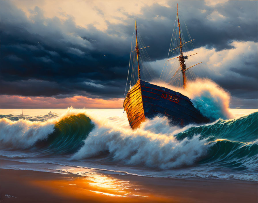 Dramatic sunset shipwreck scene with crashing waves