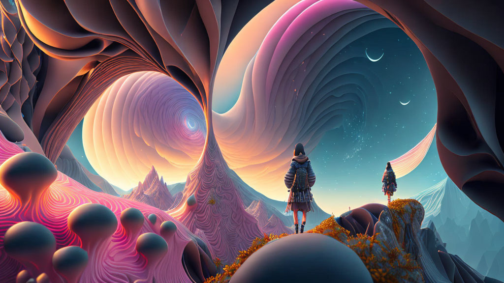 Fantastical landscape with swirling skies and floating orbs