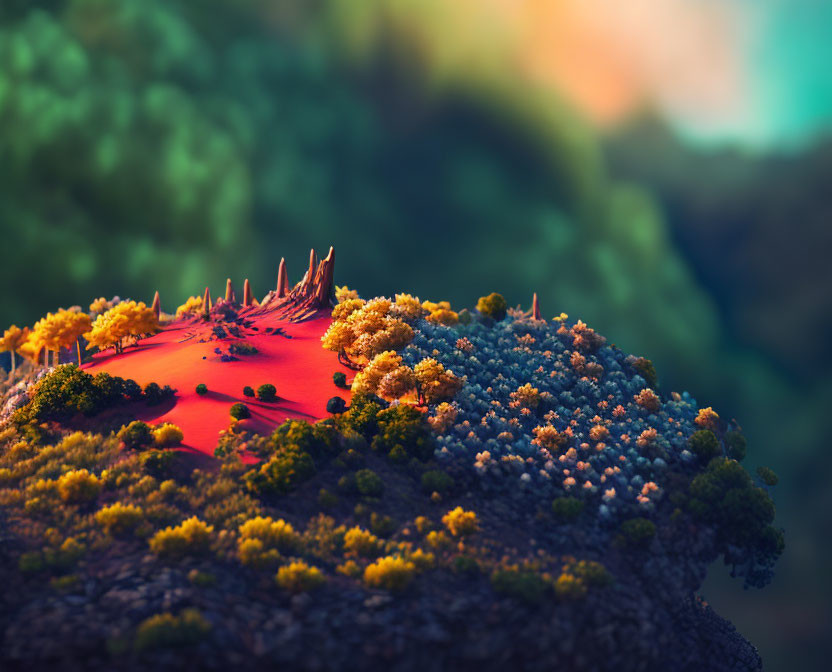 Colorful Landscape: Red-topped Hill Amid Lush Trees