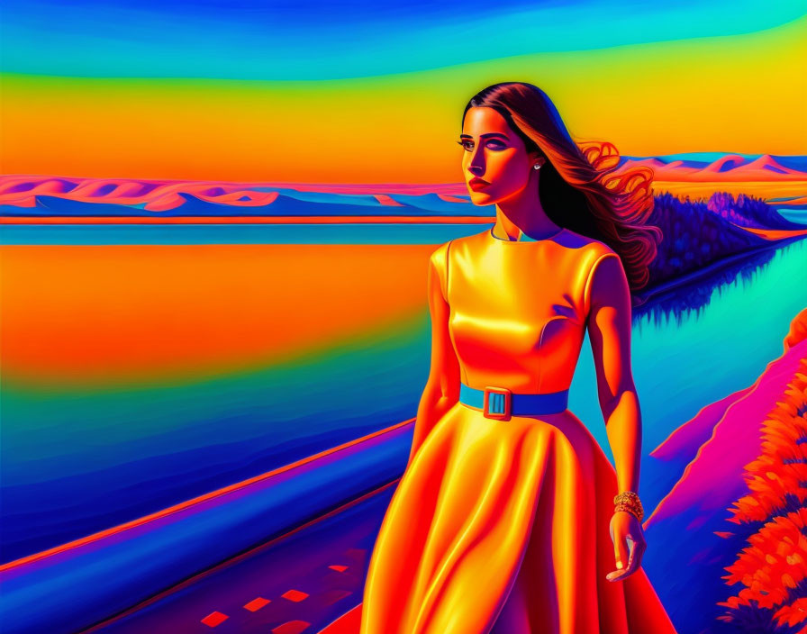 Woman in Yellow Dress Contemplating Vibrant Landscape