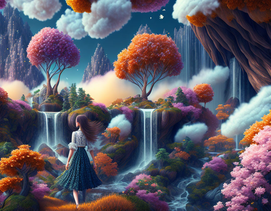 Girl in front of vibrant landscape with waterfalls and colorful trees