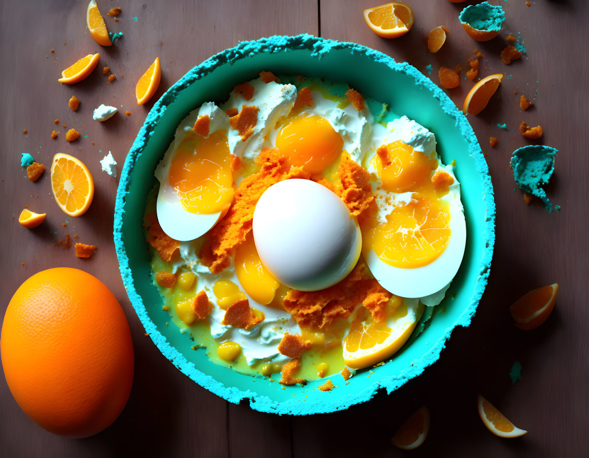 Colorful Cake Resembling Sunny Side Up Egg with Oranges