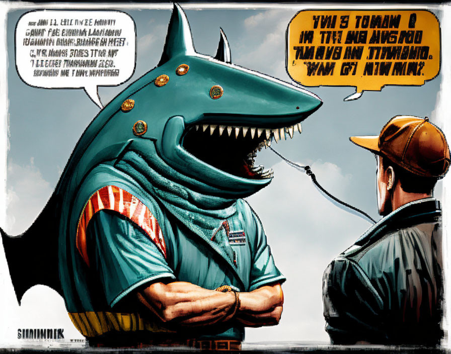 Cartoon shark in hoodie talks to man with reversed text bubbles