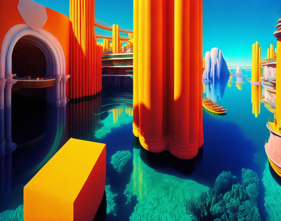 Colorful digital artwork: Symmetric architecture, reflective water, coral structures