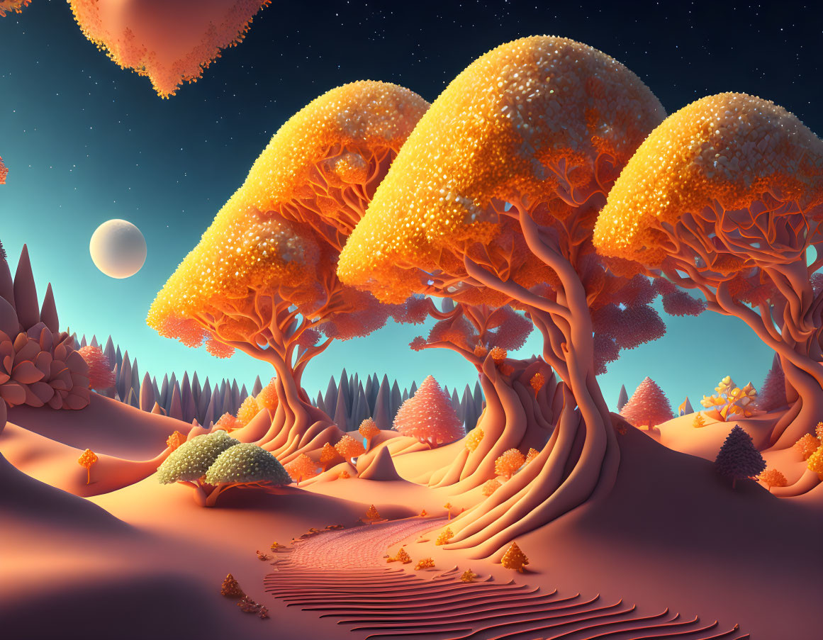 Surreal landscape with orange luminescent trees and moon at dusk