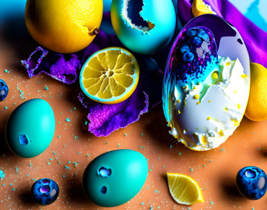 Colorful Blue Eggs, Lemons, and Blueberries on Multicolored Background