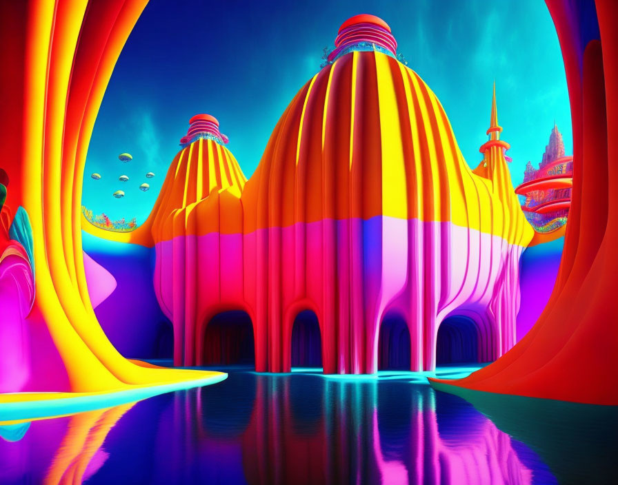 Fantasy landscape digital artwork with whimsical structures in bright colors