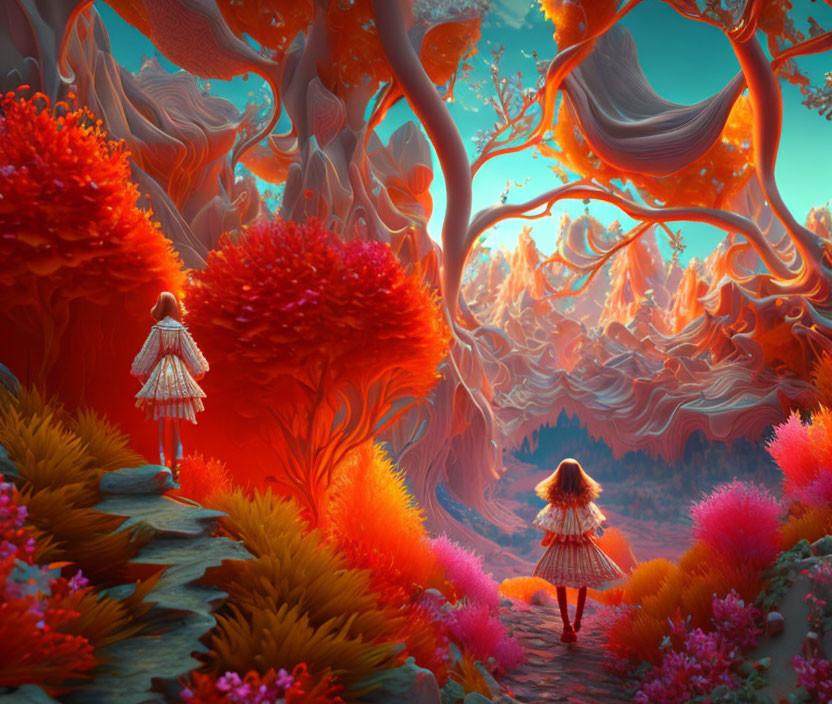 Colorful surreal landscape with figures and whimsical trees