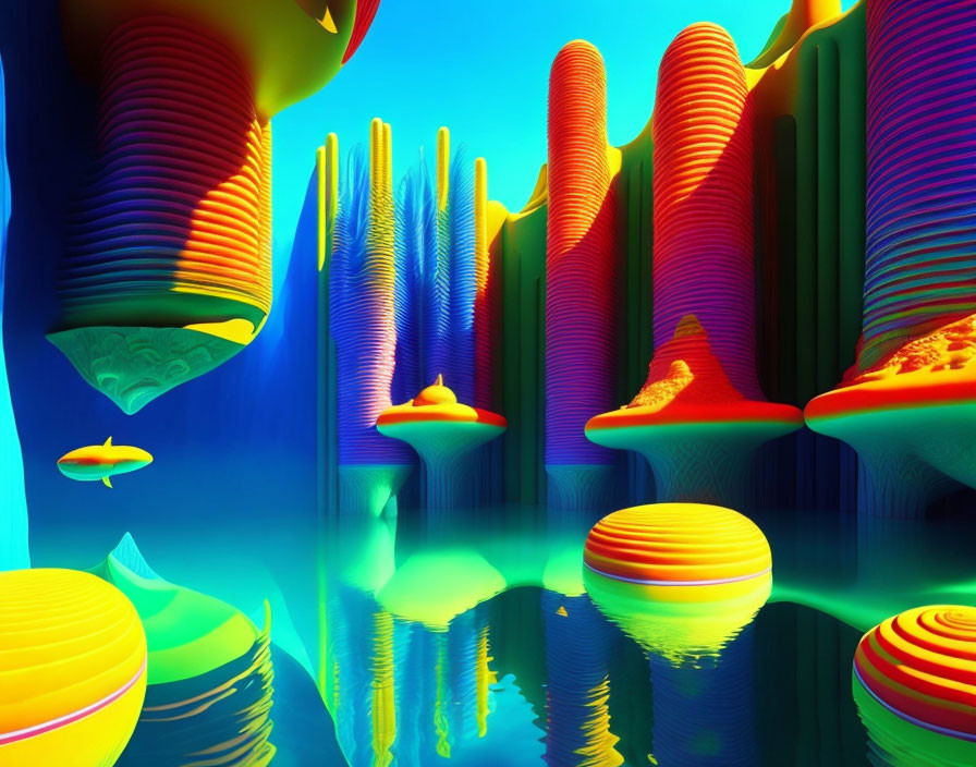 Colorful Abstract Landscape with Striped Formations and Water Reflections