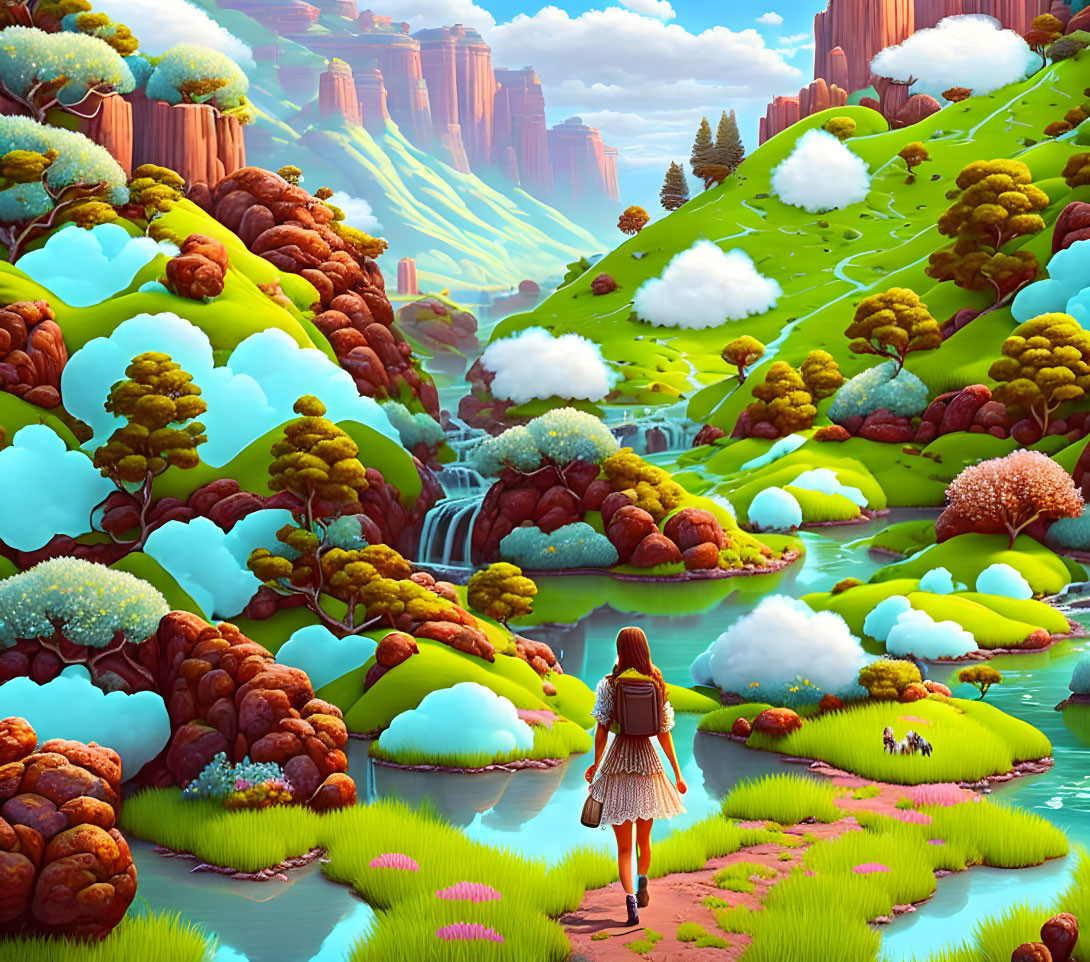 Vibrant fantasy landscape with waterfalls and colorful trees